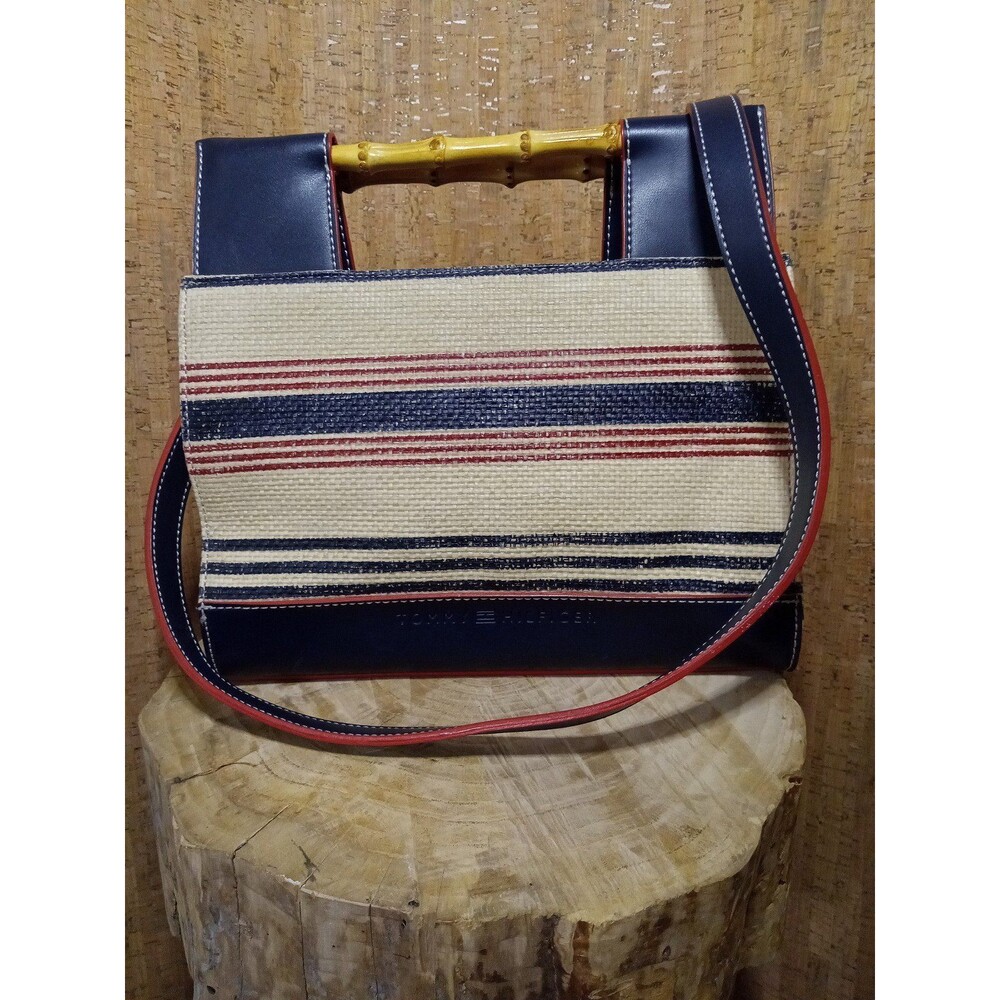 Tommy Hilfiger Woven Straw Handbag Crossbody Purse Navy Red Bamboo Handles